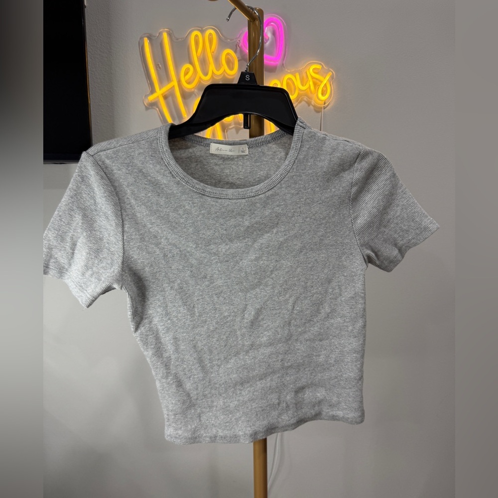 Active USA Gray Ribbed Short Sleeve Crop Tee